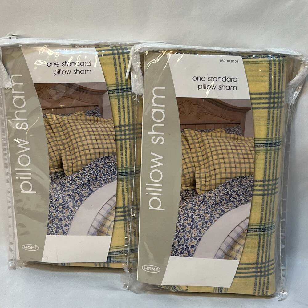 Vintage 2001 Home Target Cottage Plaid Blue Yellow Pillow Shams Set 2 Standard
